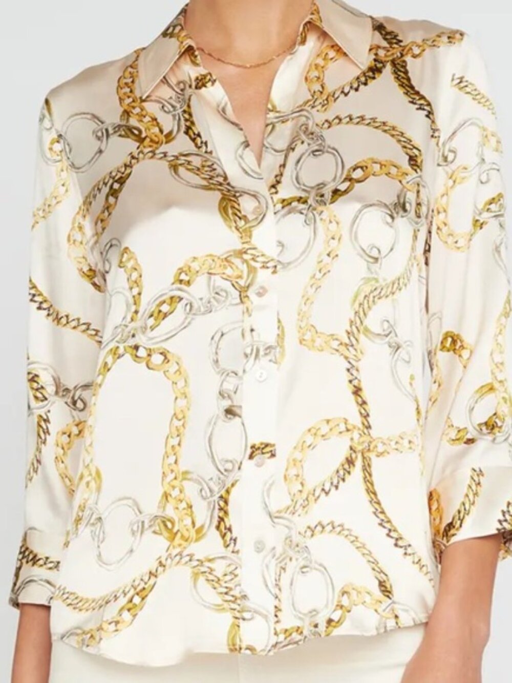 L'AGENCE Cream Silk Button-Down Blouse with Gold Chain Print - size XS